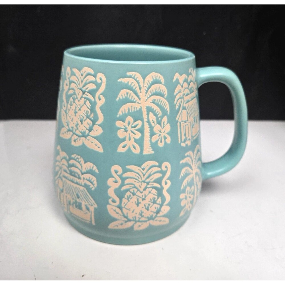 Opal House Embossed TIKI Coffee Mug Stoneware Teal Hawaii Palm Trees Pineapple